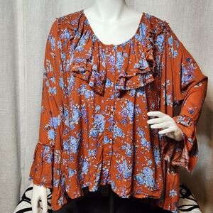 Free People Lorretta Printed Oversized Floral Ruffles Tunic XS Pockets